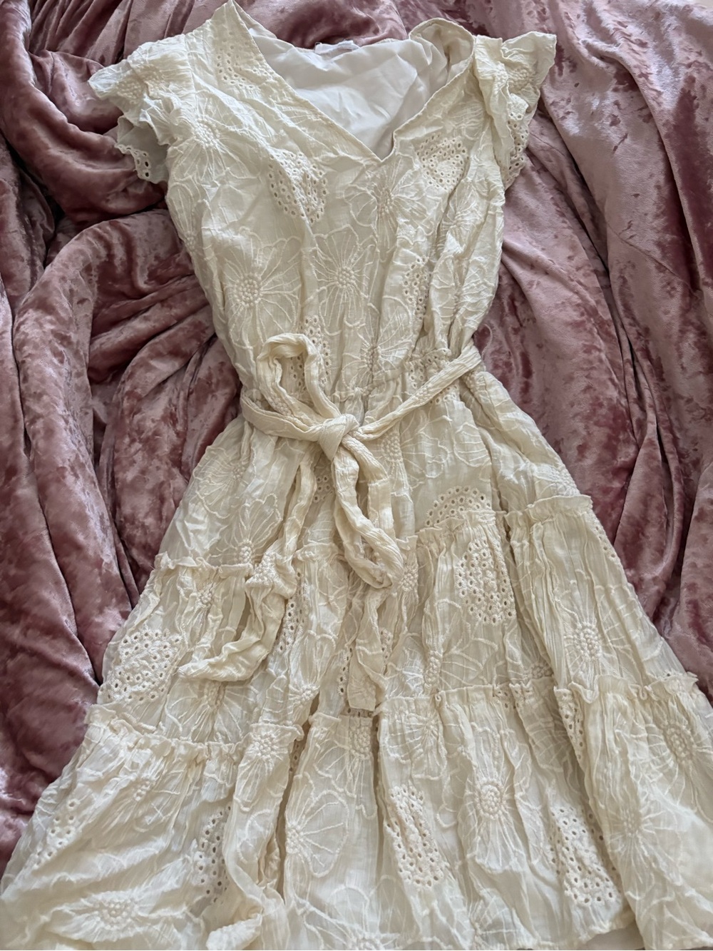Women’s Cream Eyelet Tiered V-Neck Dress